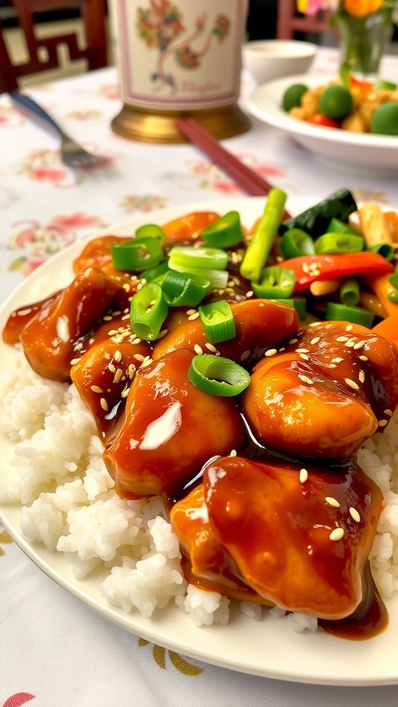 Savory garlic ginger chicken served over rice, garnished with green onions and sesame seeds, alongside stir-fried vegetables.